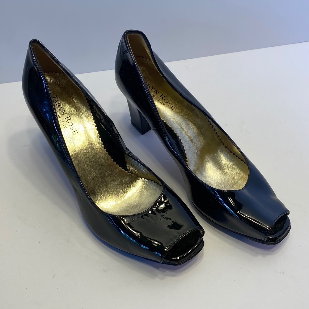 Taryn Rose Peep Toe Pumps Womens 38.5 Black Excellent Patent Leather‎ Block Heel